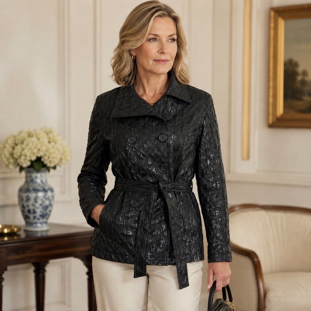 Chicos Shiny Double Breasted Quilted Belted Jacket M Old Money Luxury Career Blk